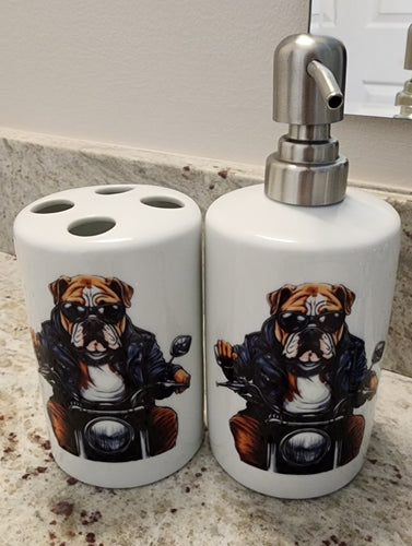 English Bulldog - Biker Ceramic Soap Dispenser