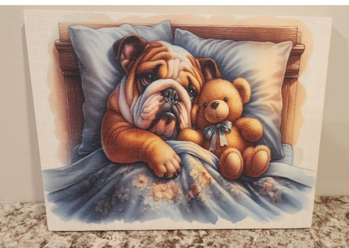 English Bulldog - In Bed with Teddy Bear Solid Birch Wood Wall Art