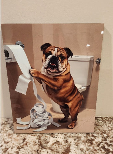 English Bulldog - Unrolling the Toilet Paper Microfiber Wood Wall Art