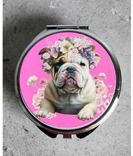 English Bulldog - Floral Crown and Hot Pink Background Pill Box