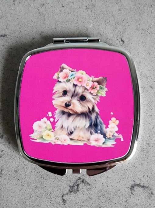 Yorkie - Floral Crown with Hot Pink Background Rectangular Compact Mirror