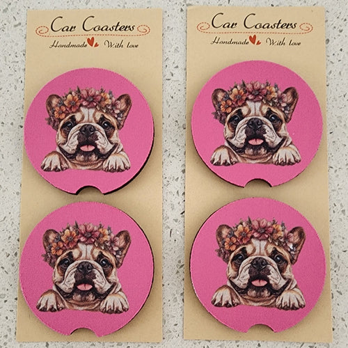 French Bulldog - Floral Headdress on Pink Background Car Coasters, Set of 4