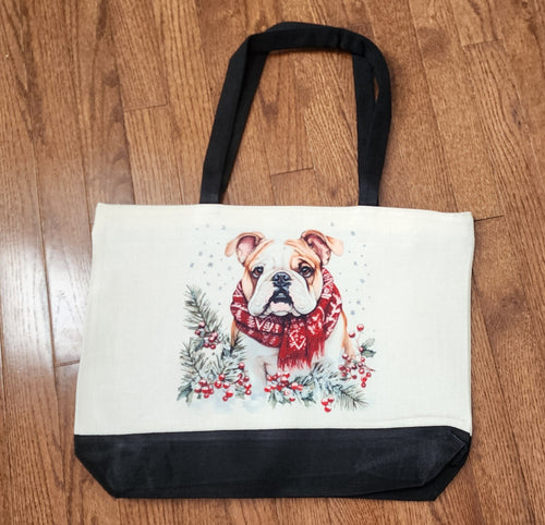 English Bulldog -  Holiday Scarf Two-Tone Linen Tote
