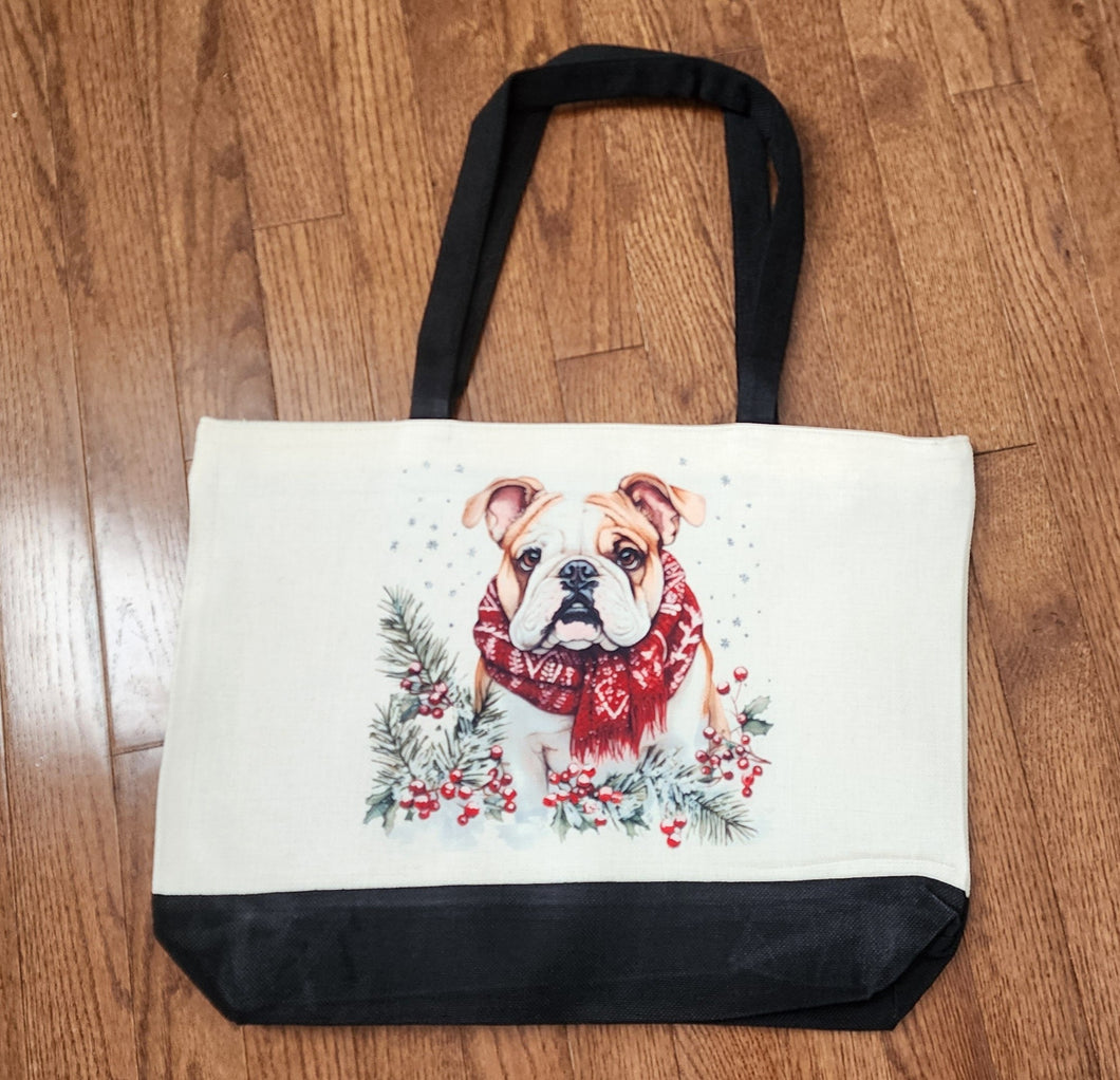 English Bulldog -  Holiday Scarf Two-Tone Linen Tote