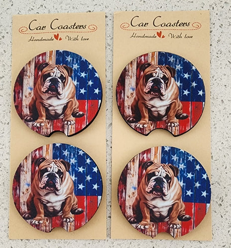 English Bulldog with American Flag Background Car Coasters, Set of 4