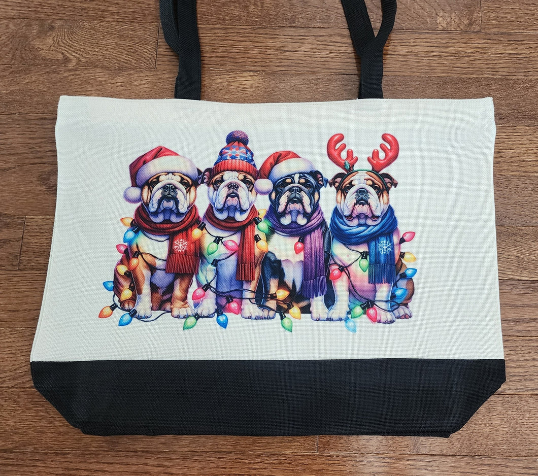 English Bulldog - Holiday Line of Bulldog with Holiday Lights Two-Tone Linen Tote