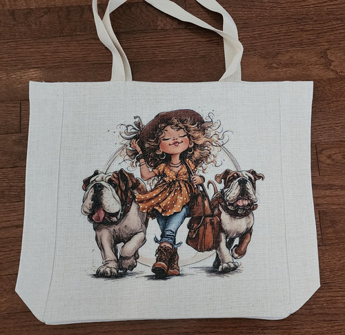 English Bulldog -  Girl with Two Bulldogs Linen Tote