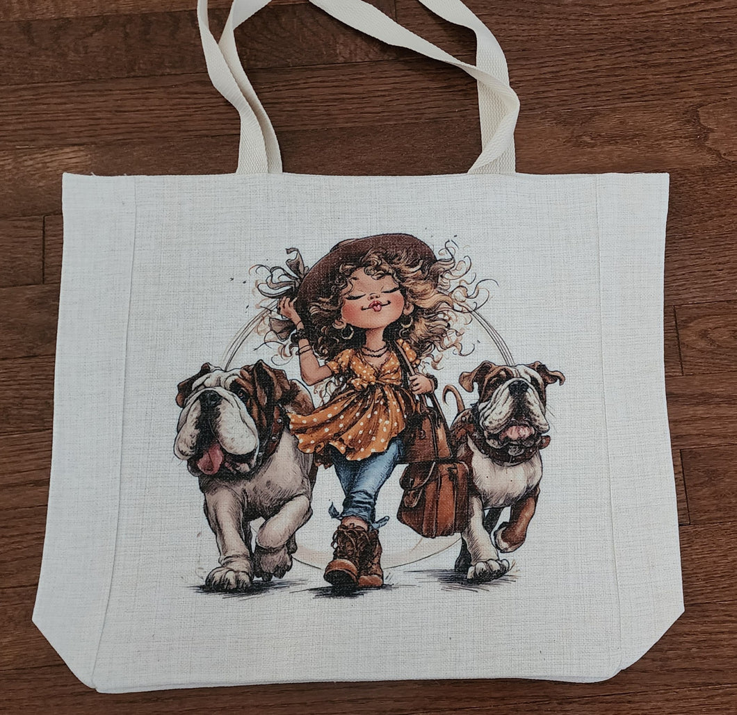 English Bulldog -  Girl with Two Bulldogs Linen Tote