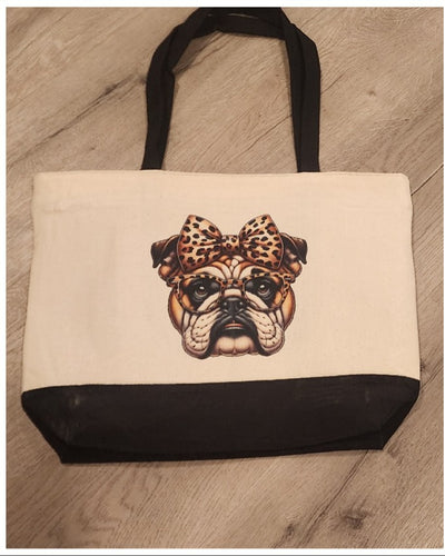 English Bulldog - Leopard Bow & Eyeglasses Two - Tone Linen Tote
