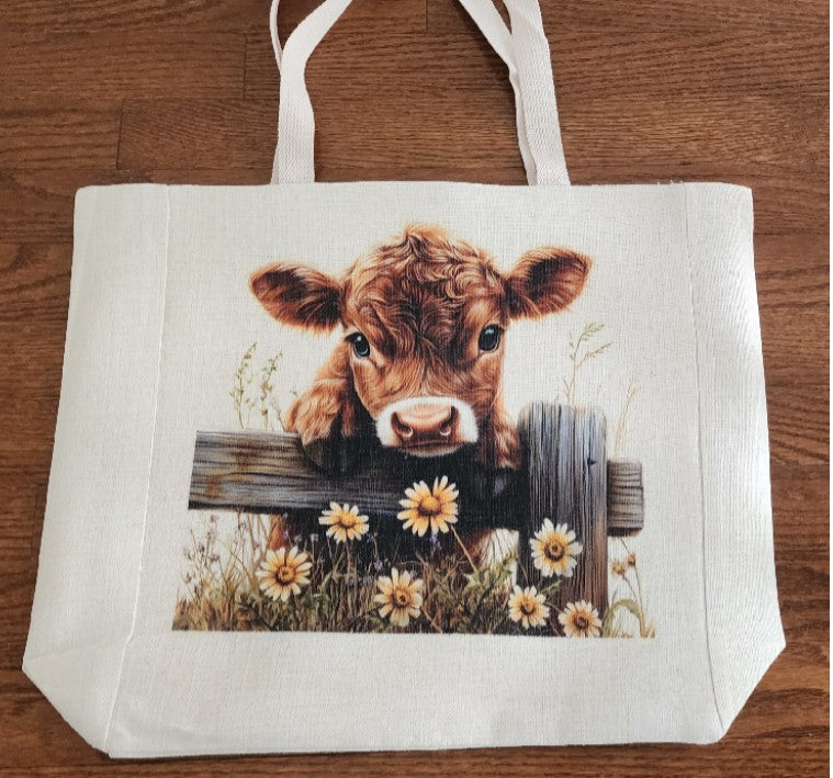 Highland Cow - Peeking over Fence Linen Tote