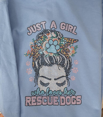 Just A Girl Who Loves Her Rescue Dogs Rhinestone Zip-up Hooded Sweatshirt