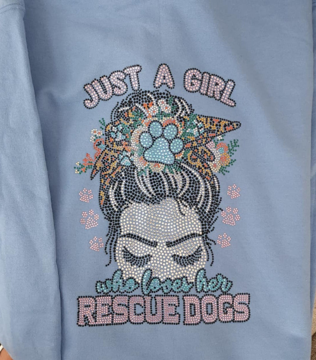 Just A Girl Who Loves Her Rescue Dogs Rhinestone Zip-up Hooded Sweatshirt