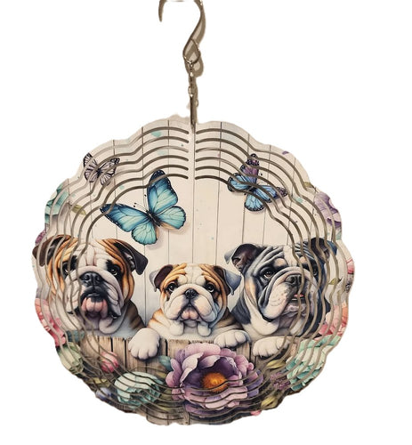 English Bulldog - 3 English Bulldogs with Flowers & Butterflies Wind Spinner