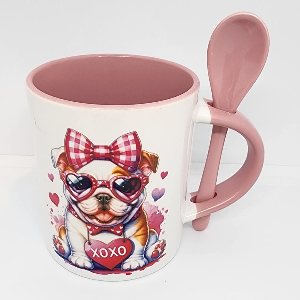 English Bulldog XOXO Ceramic Mug with Spoon, 11 oz.