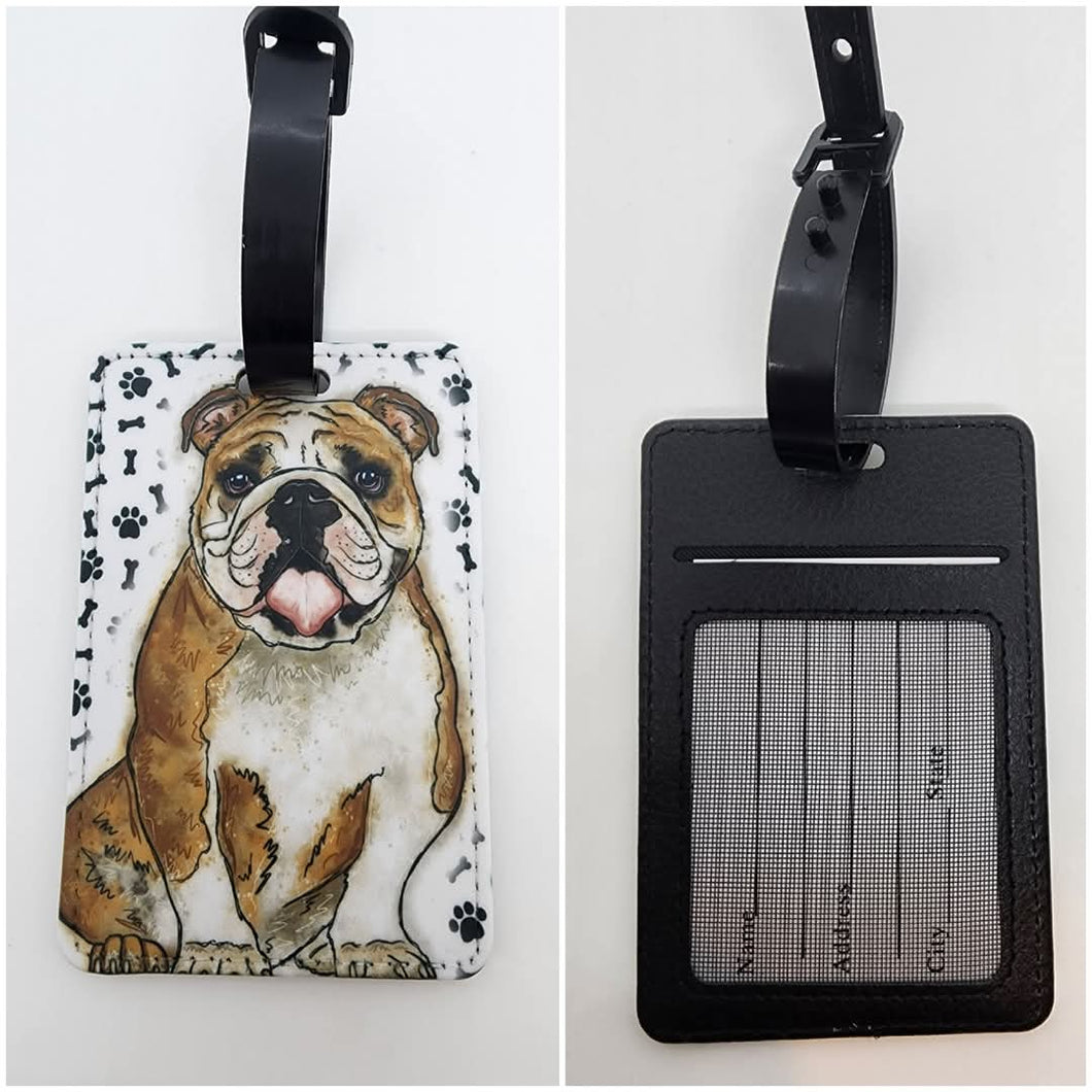 English Bulldog with Black Bones & Pawprints Luggage Tag