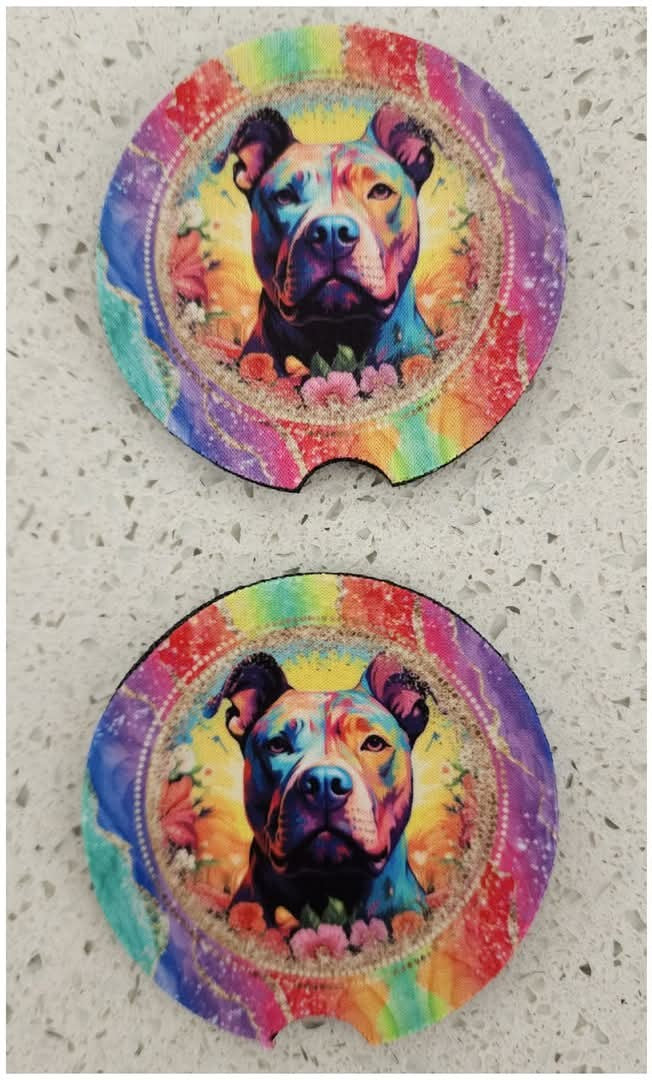 Pitbull with Colorful Background& Flowers Car Coasters