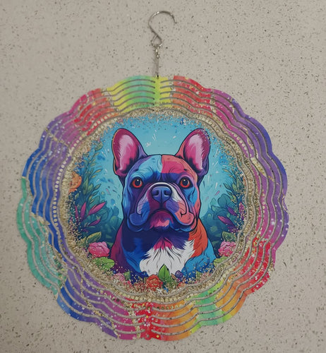 French Bulldog with Colorful Background & Flowers Wind Spinner