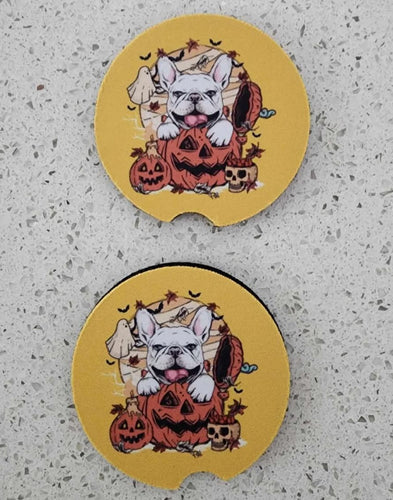 French Bulldog with Ghosts, Pumpkins, & Skulls Car Coasters