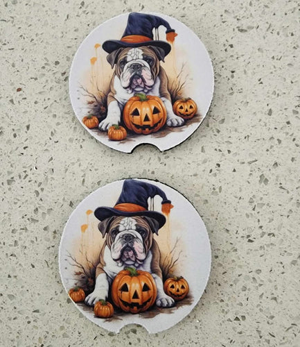 English Bulldog Wearing a Witch Hat with Pumpkins Car Coasters