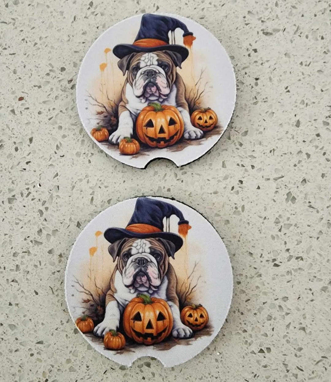 English Bulldog Wearing a Witch Hat with Pumpkins Car Coasters