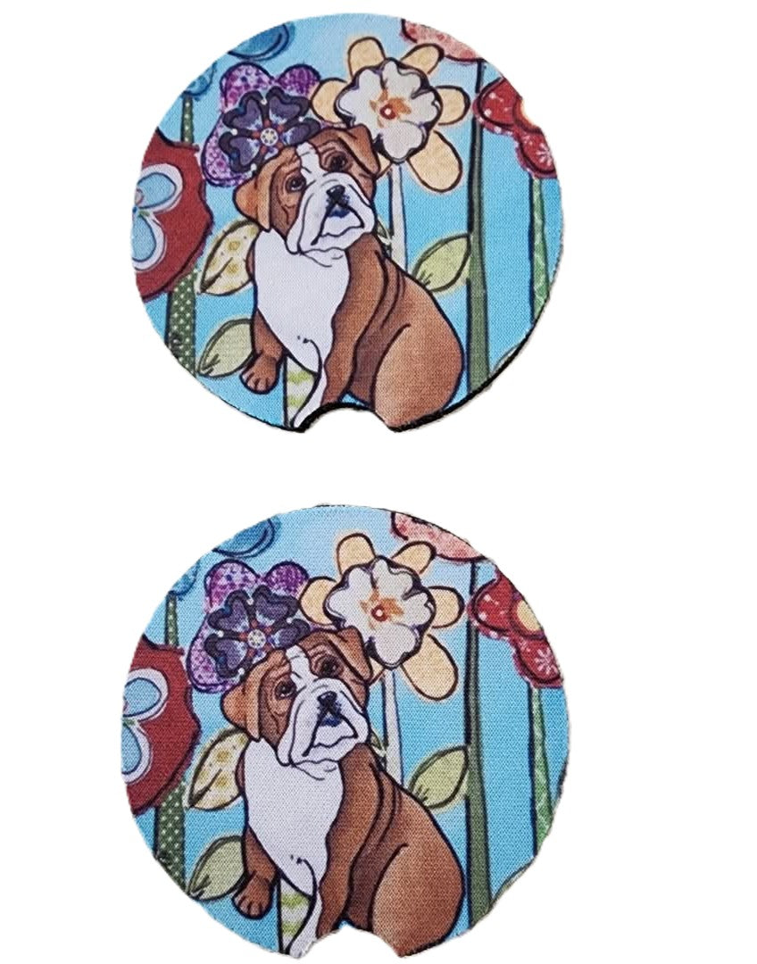 English Bulldog with Flowers & Stained Glass Look Car Coasters