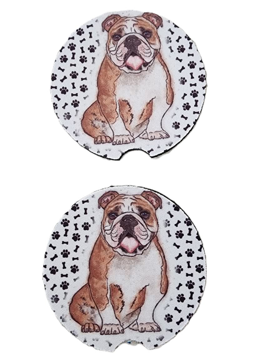 English Bulldog with White Bones & Pawprints Car Coasters