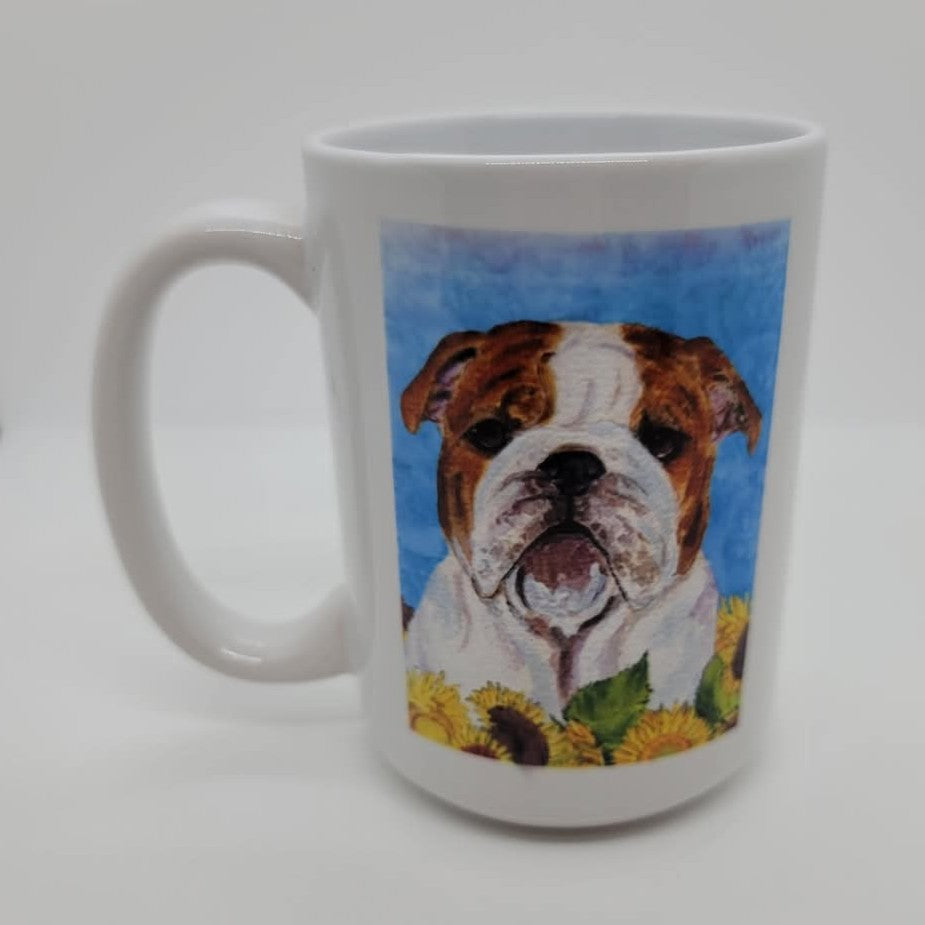 English Bulldog and Sunflowers  Ceramic Mug, 15 oz.