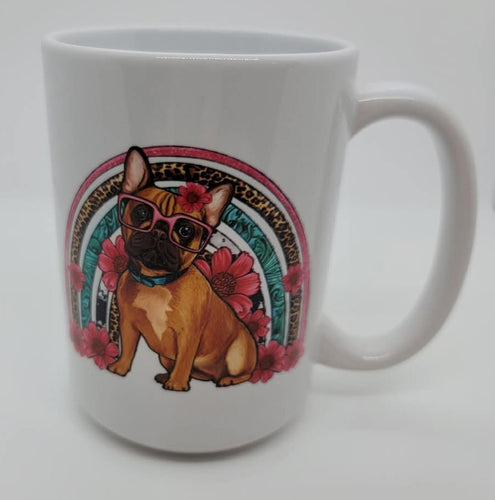 French Bulldog with a Rainbow & Pink Flowers  Ceramic Mug, 15 oz.