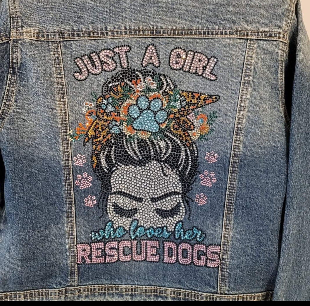 Just a Girl Who Loves Her Rescue Dogs Rhinestone Denim Jacket