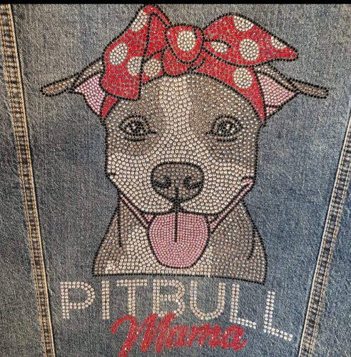 Pitbull - (Gray & White) Pitbull Mama Rhinestone Denim Jacket