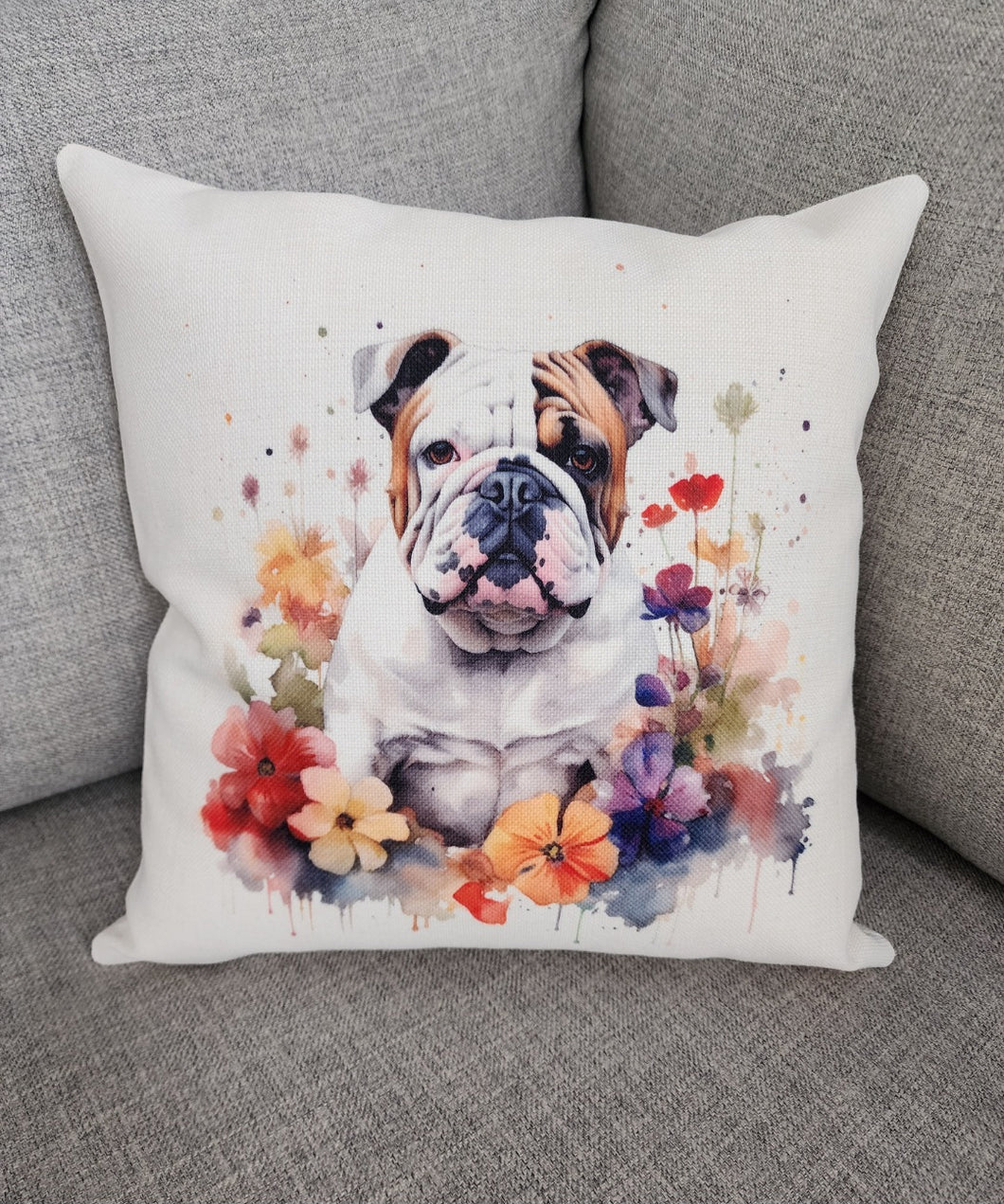 English Bulldog in Flowers with a Paint Effect Throw Pillow, 16