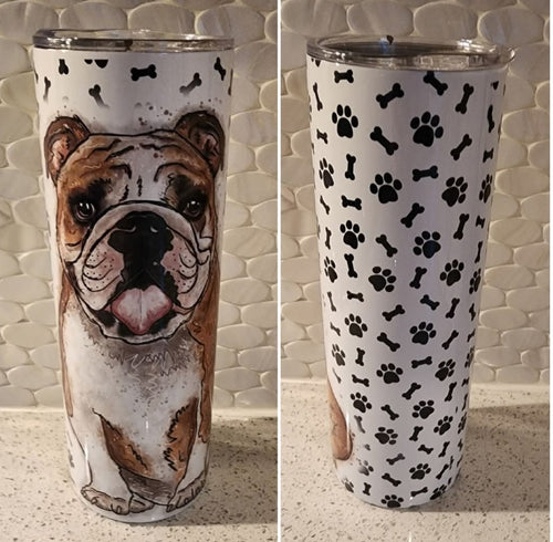 English Bulldog with Pawprints & Bones  Stainless Steel 20 oz. Tumbler