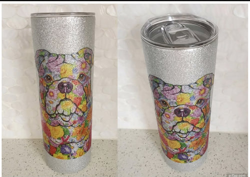 English Bulldog Floral Stainless Steel Glitter Tumbler, 20 oz.