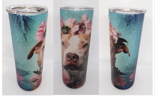 Tropical Pitbull with Floral Crown Stainless Steel Glitter Tumbler, 20 oz.