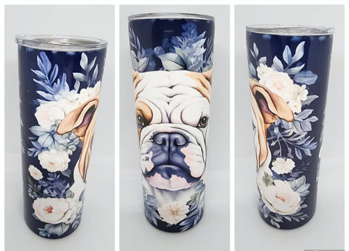 English Bulldog with Navy Blue Background with Flowers Stainless Steel Tumbler, 20 oz.