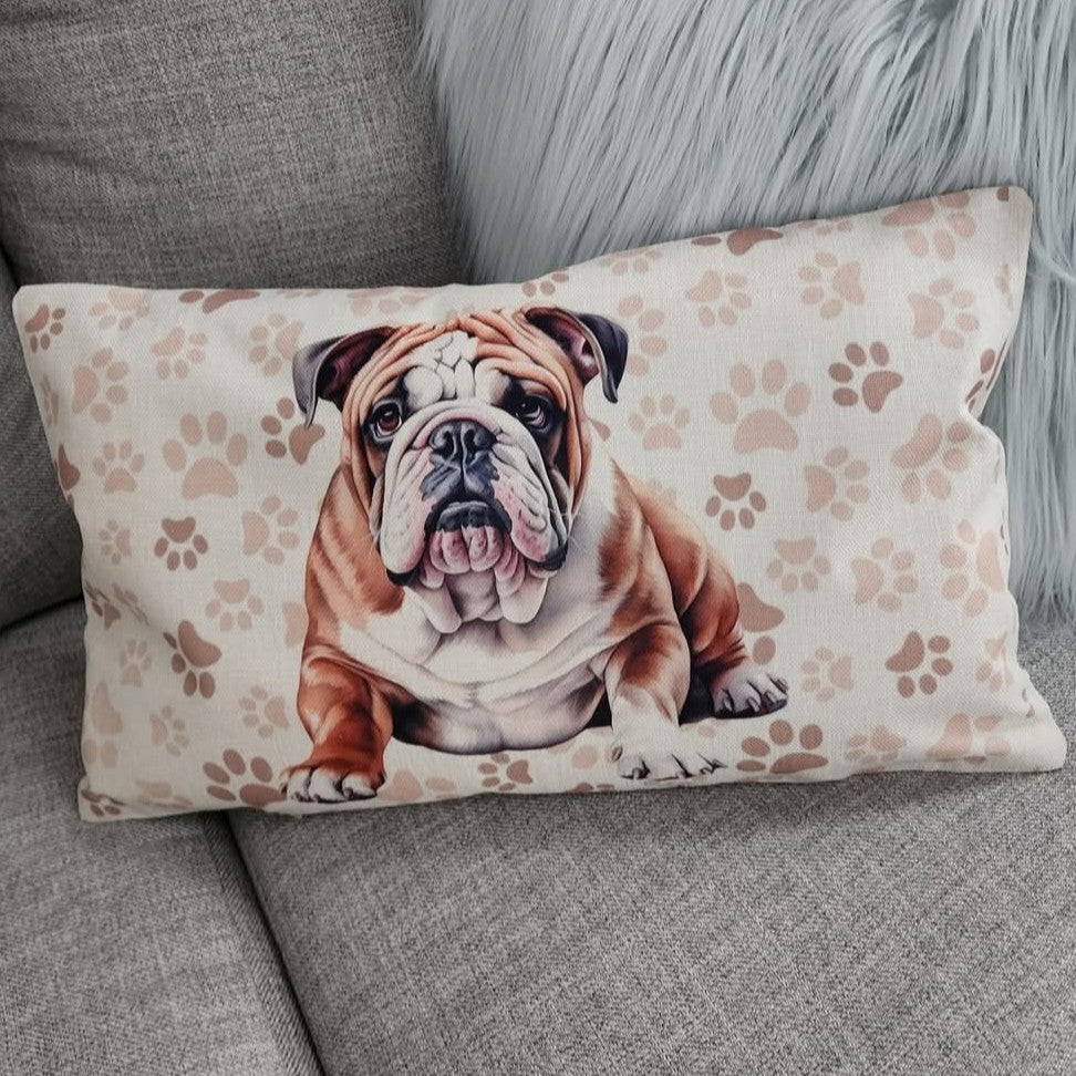 English Bulldog with Pawprints Throw Pillow, 20