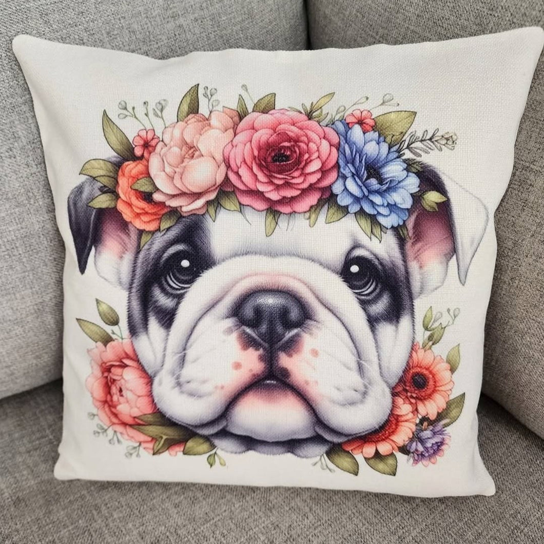 English Bulldog with Floral Crown Throw Pillow, 16