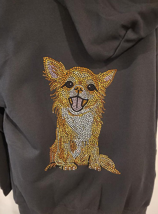 Chihuahua Rhinestone Zip-up Hooded Sweatshirt