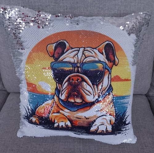 English Bulldog Sunset Sequin Throw Pillow, 16