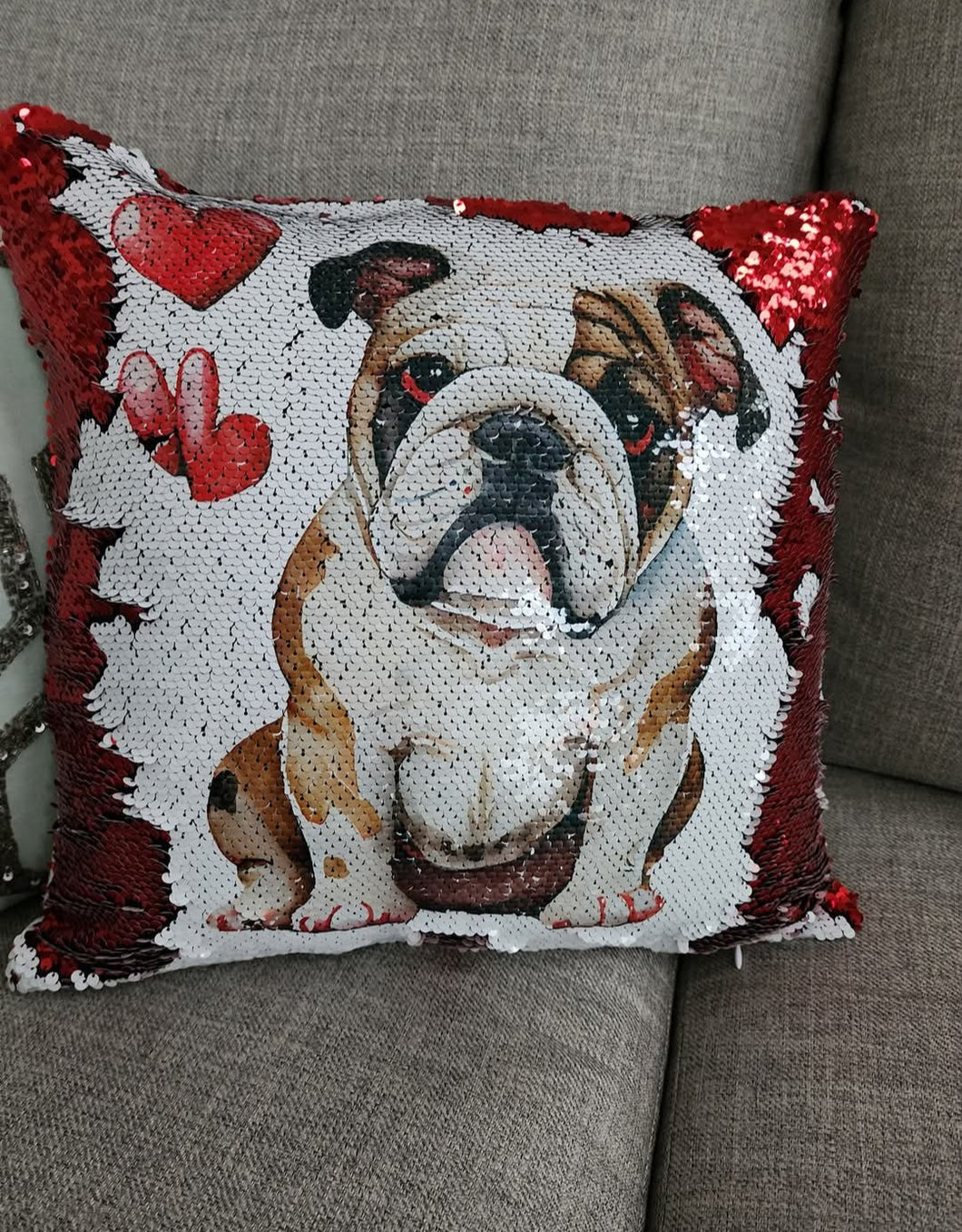 English Bulldog with Hearts Sequin Throw Pillow, 16