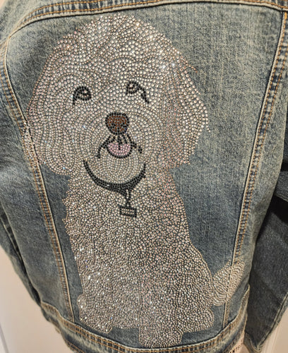 White Fluffy Dog Rhinestone Denim Jacket