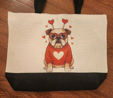 English Bulldog - Heart Headband & Red Sweater w/ Pink Hearts Two-Tone Tote