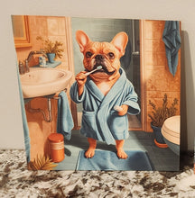 French Bulldog (Tan) - In Blue Robe & Brushing Teeth Solid Birch Wood Wall Art