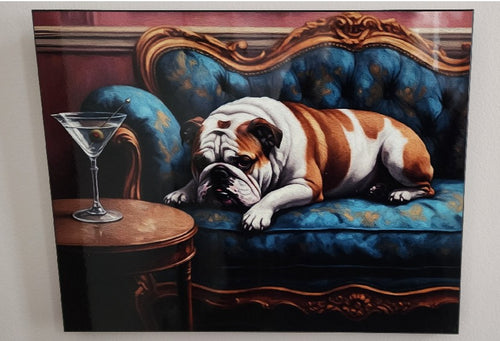 English Bulldog - Lounging on an Elegant Sofa with a Martini Microfiber Wood Wall Art