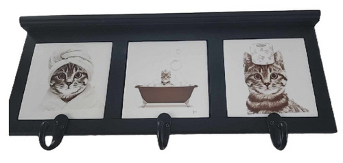 Cat - Bathroom Design Wood Coat Rack (Black & White)
