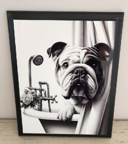 English Bulldog - Peeking out of Shower Microfiber Wood Wall Art (Black & White)
