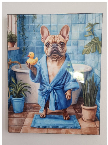 French Bulldog (Tan) - In Blue Robe with Rubber Ducky Microfiber Wood Wall Art