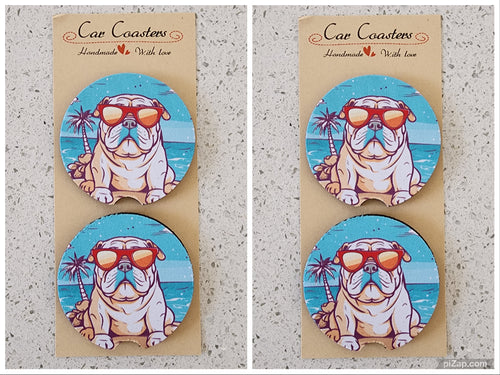 Bulldog on Beach Car Coasters, Set of 4