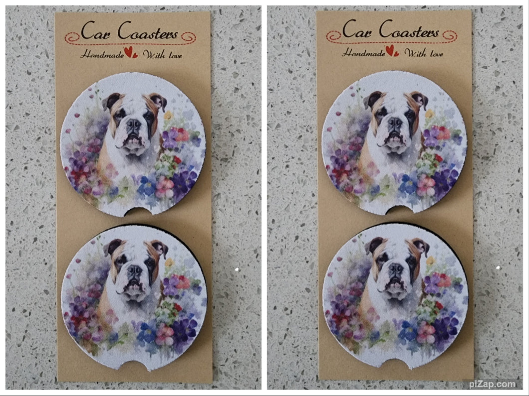 Bulldogs & Flowers with Paint Effect Background Car Coasters, Set of 4