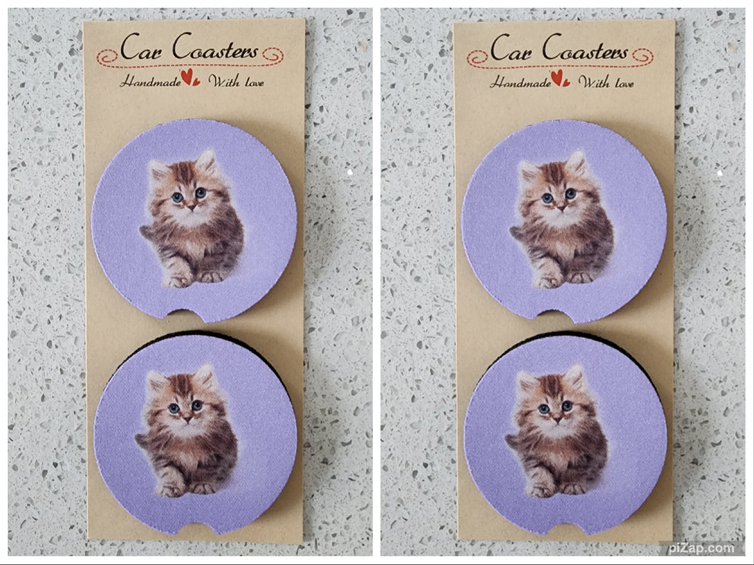 Cats Kitten with Purple Background Car Coasters, Set of 4